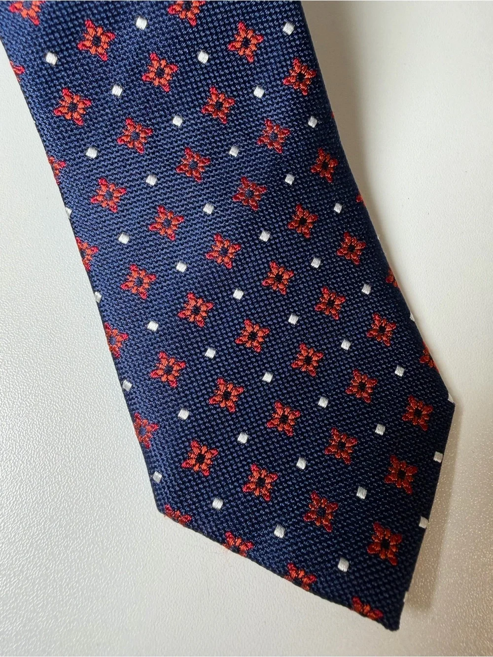 J. Crew The Silk Tie Modern Slim Navy Tie with Red Geometric Pattern 100% Silk
